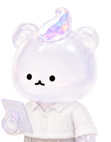 머리 위 프리즘과 태블릿을 든 반투명 젤리 곰 구미